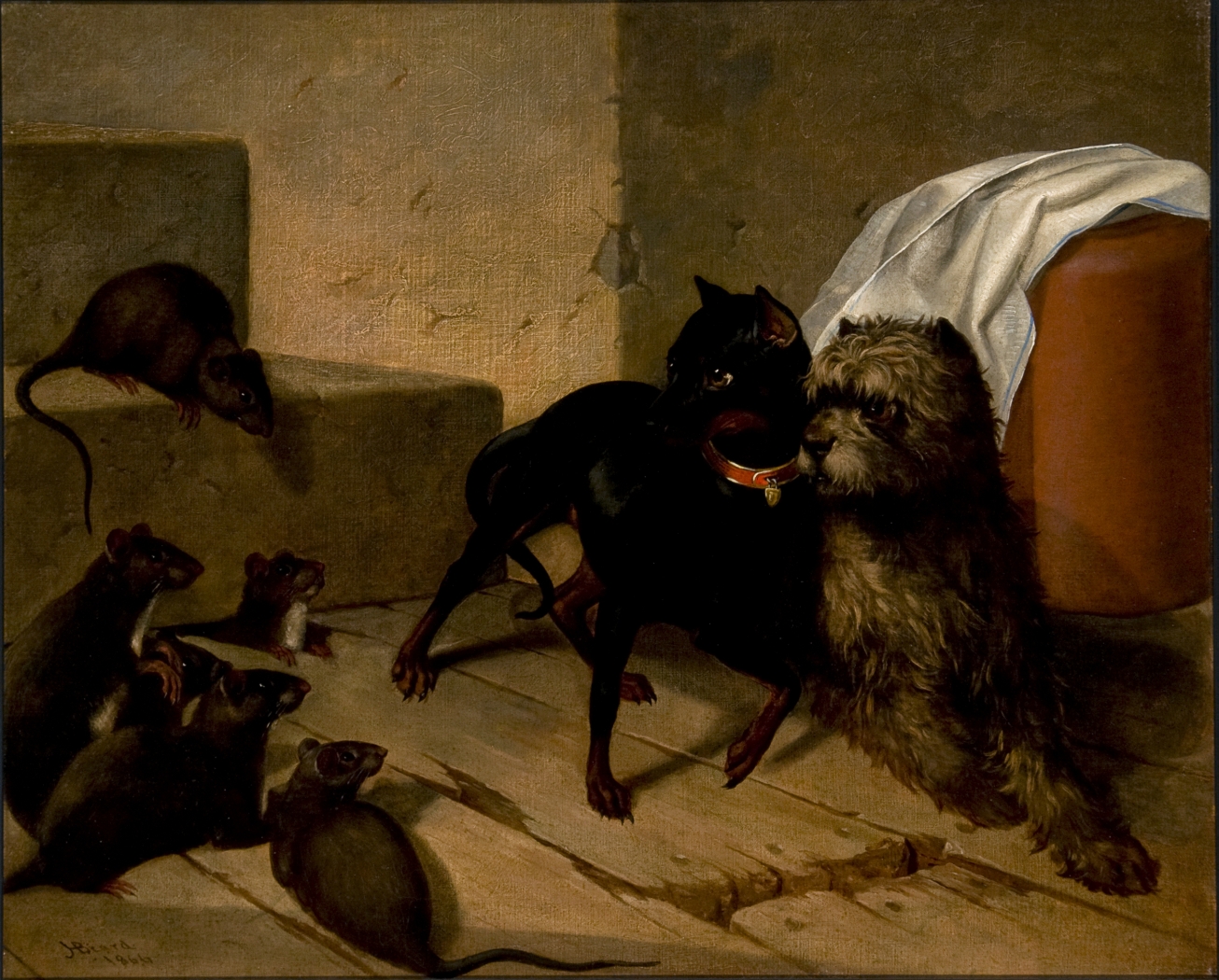 Two Dogs Cowering Before Rats